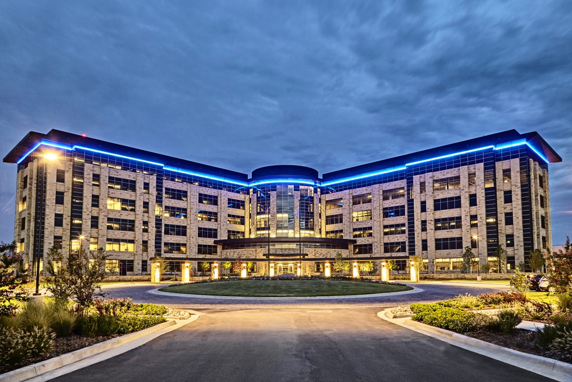 Unit Corporation Headquarters circle drive at Night Exterior
